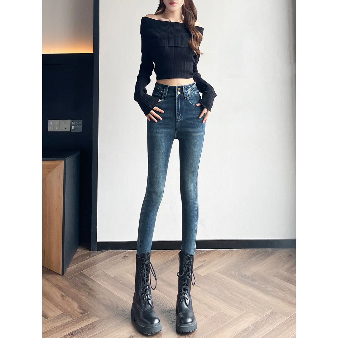 加长高腰紧身牛仔裤女2025秋季双扣弹力修蓝小个子黑色直筒牛仔裤