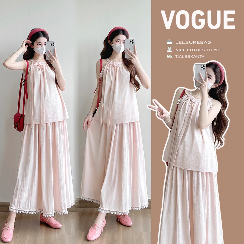 { 糕糕 }孕妇装2025夏季新款套装蝴蝶结挂脖上衣半身裙两件套套装