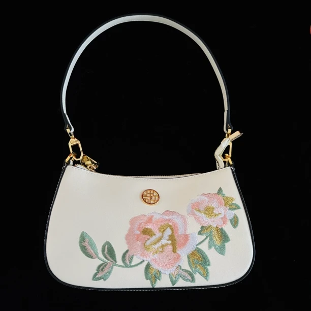 锦熙云绣国风牡丹刺绣真皮斜挎单肩时尚女包包包