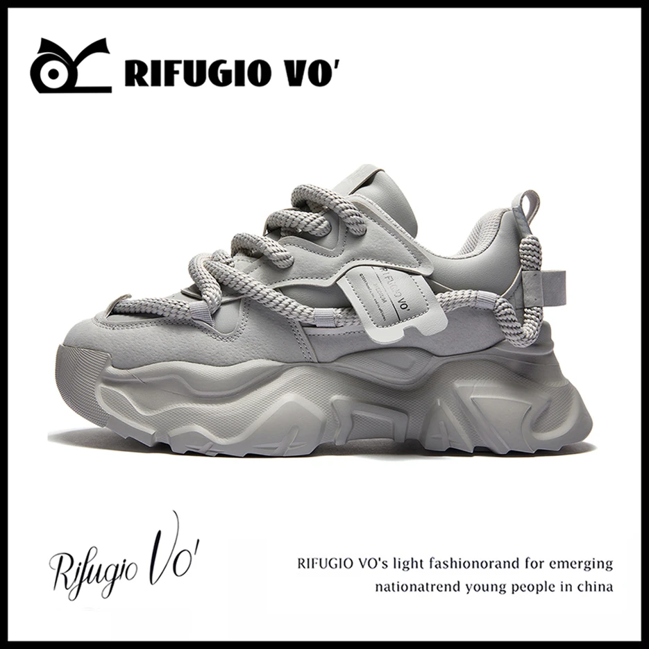 Rifugio Vo'老爹鞋男四季款皮面百搭增高厚底休闲爆款灰色运动鞋