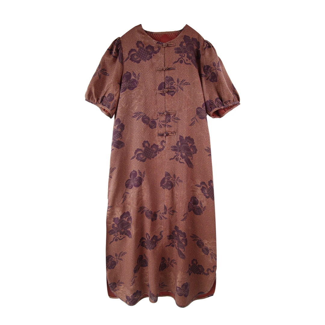 25姆满桑红云纱花罗浅灰绿猫戏蝴蝶圆领7分袖国风长袍12382集合