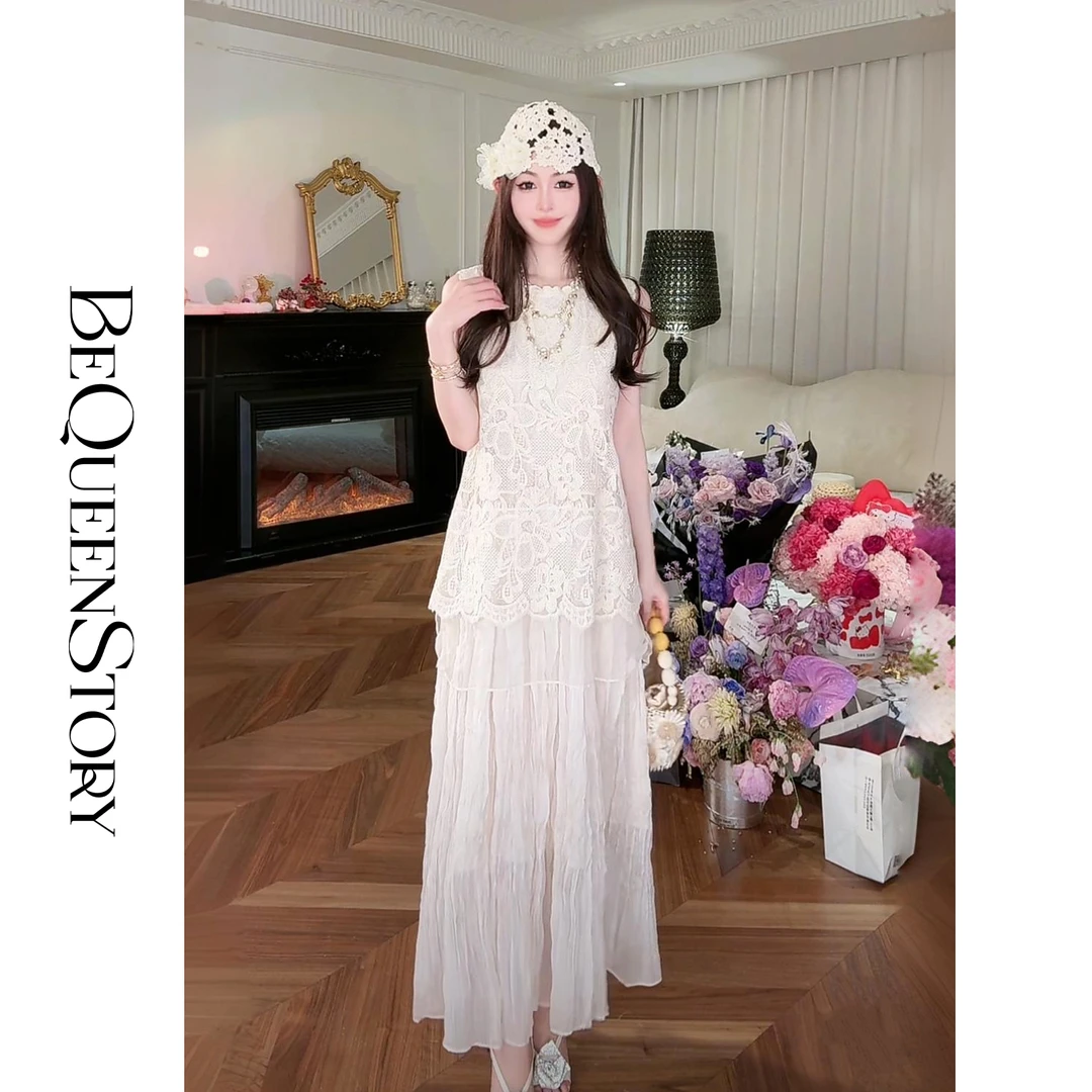 BeQueenStory【雾里繁花】轻奢仙气柔美假两件连衣裙蕾丝拼接2025夏