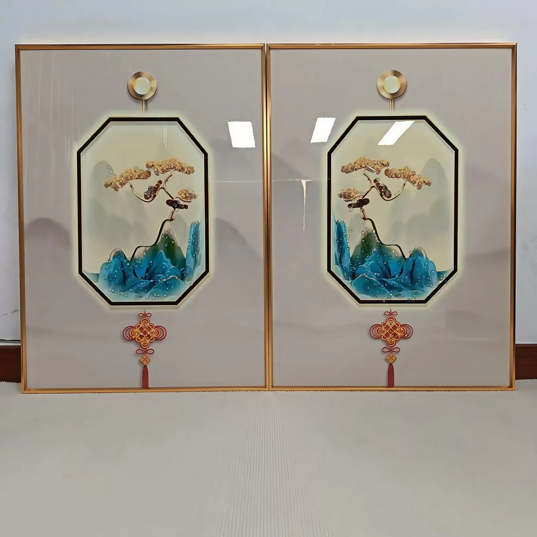 晶瓷镶钻简约大气轻奢客厅两联晶瓷画百搭沙发背景墙壁画八角5070