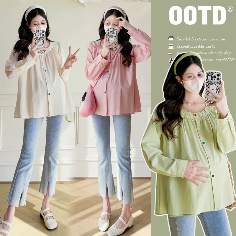 孕妇装春装新款2025孕妇时尚宽松长袖娃娃衫纯色减龄衬衫百搭上衣