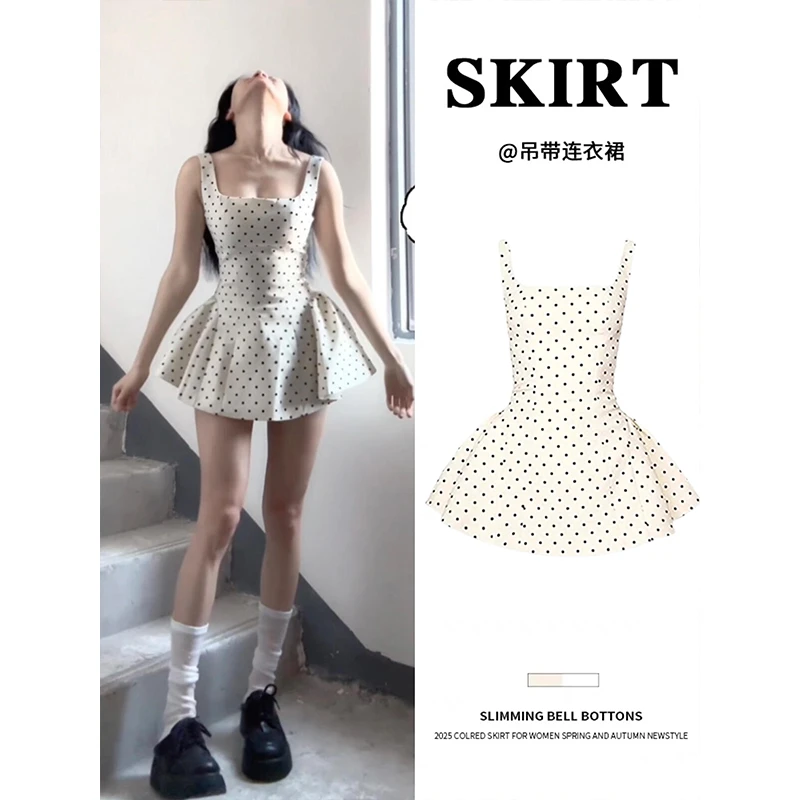 白色波点连衣裙a字吊带短裙子夏季白水女miu系法式波点吊带连衣裙