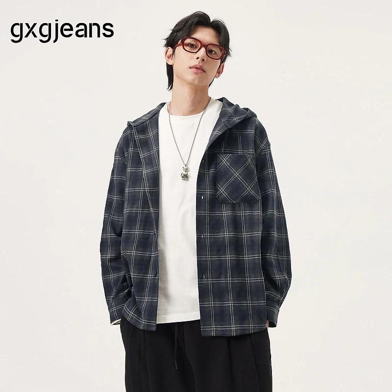 gxg.jeans男装 蓝色格纹复古潮流宽松连帽夹克外套男 25秋新品