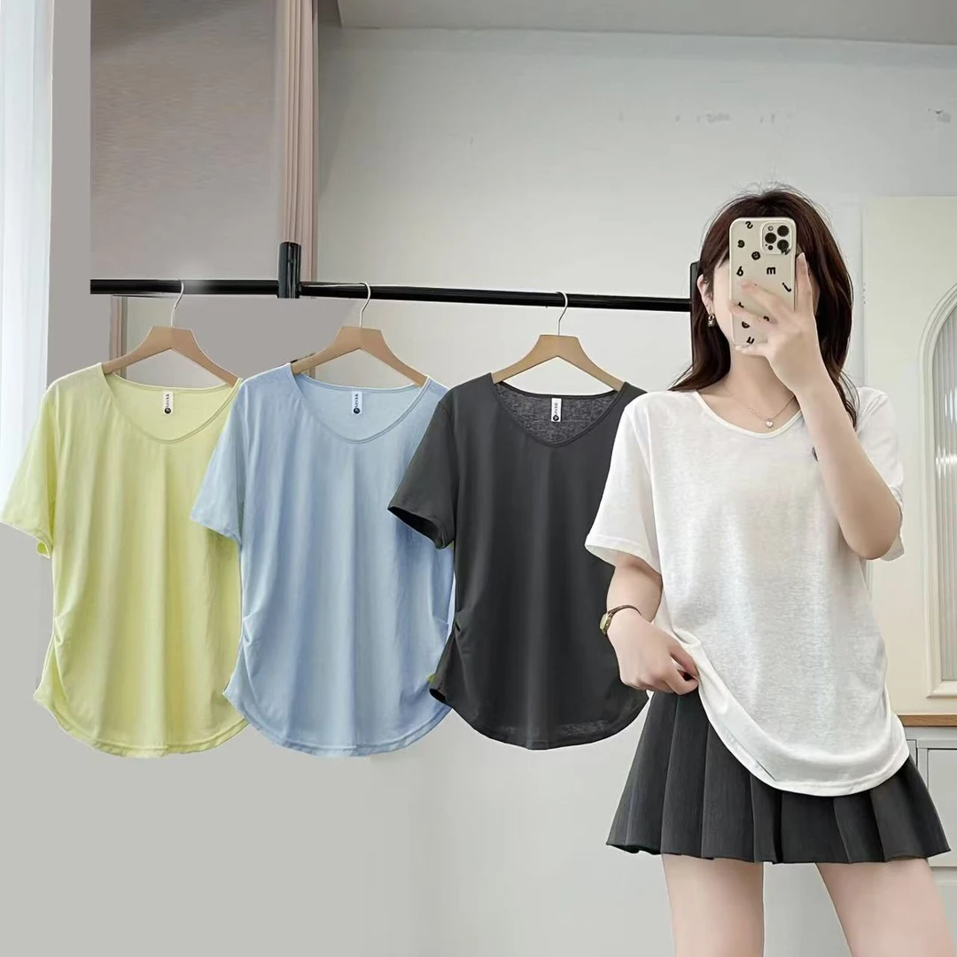 2025夏季新款V领女性短袖宽松型大码T恤纯色透气简约风2532