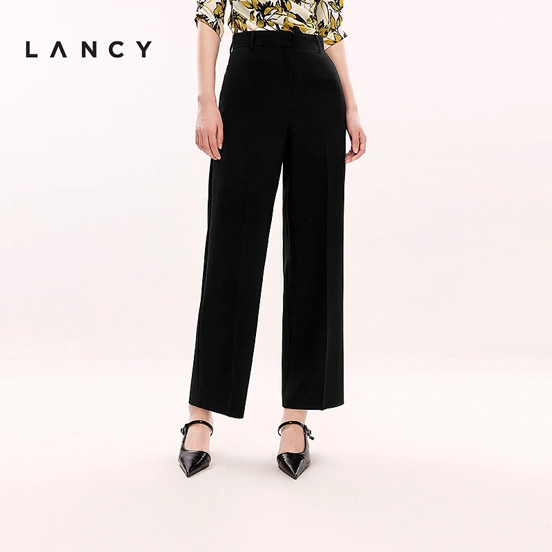 LANCY/朗姿2025年夏新款高级气质高腰直筒阔腿裤黑色休闲西装裤女