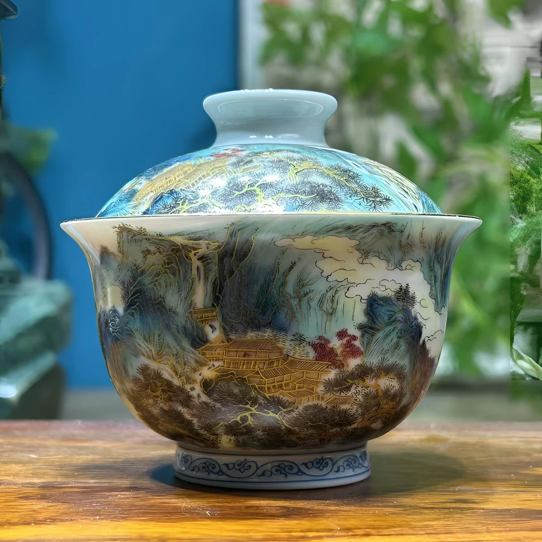 景德镇珐琅彩富春山居图家用中式高端茶器二才盖碗