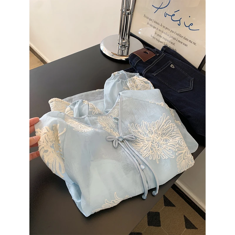 新中式国风v领蓝色长袖衬衫女小个子宽松复古小众不撞款微透小衫