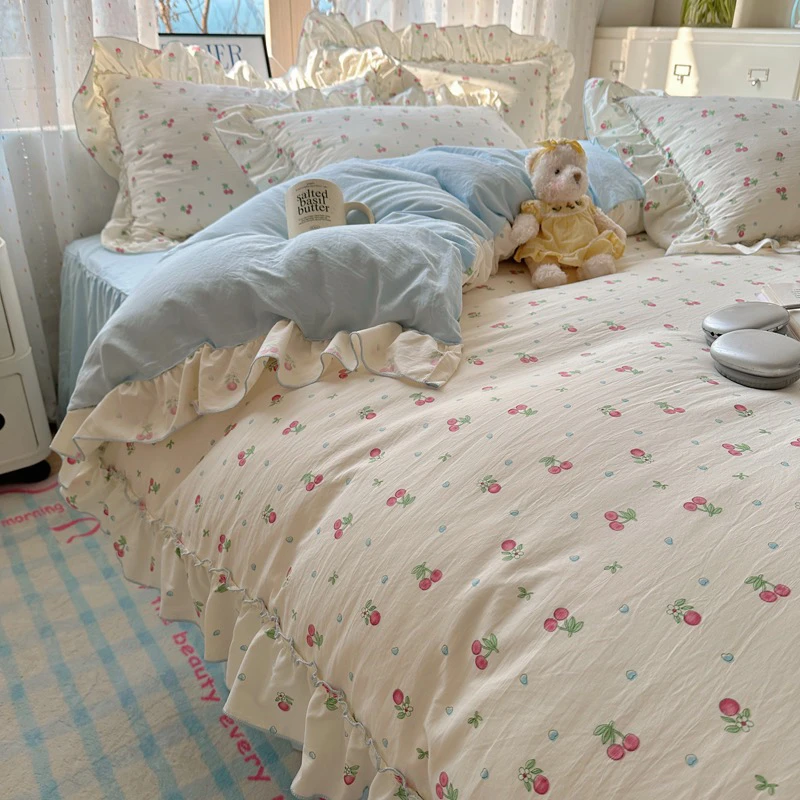 四季款韩系碎花柔软亲肤花边水洗面料四件套床单床裙款Q