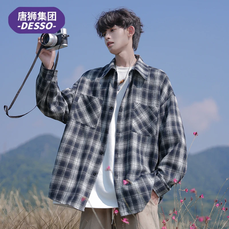 唐狮集团DESSO港风格子长袖衬衫男款春秋季复古翻领休闲宽松衬衣