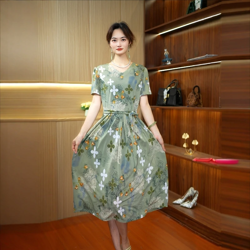 A-199夏季2025新款妈妈气质系带连衣裙高腰减龄收腰瘦裙子