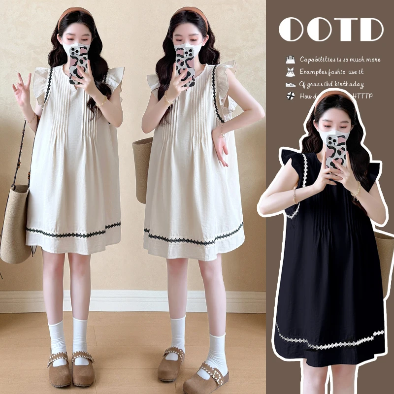 孕妇装2025夏季新款民族风V领小飞袖大码宽松显瘦休闲百搭连衣裙