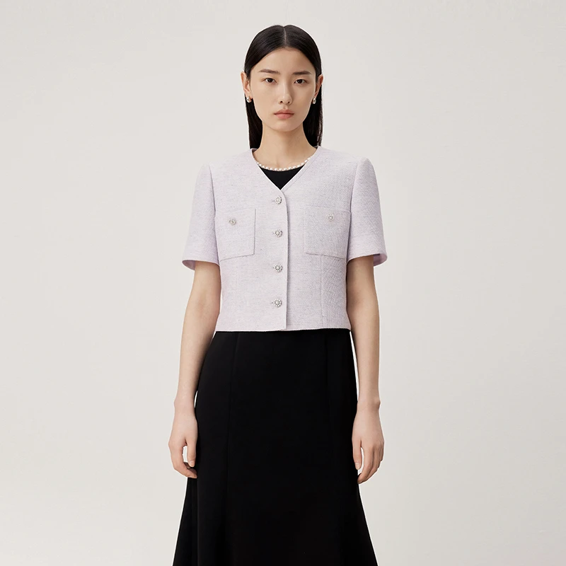 LANCY/朗姿2024夏季法式v领小香风外套短袖紫优雅时尚外穿上衣女