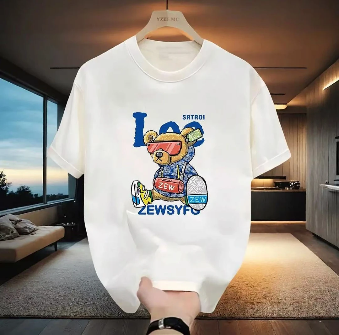 重磅新疆长绒棉夏季短袖男女休闲透气圆领印花纯棉T恤 墨镜熊