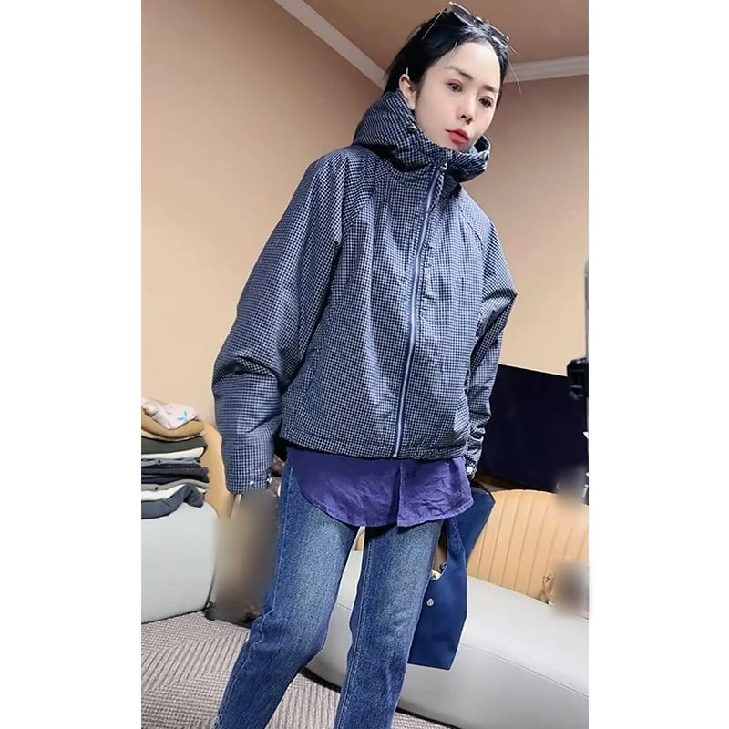 简约松弛感减龄格子连帽长袖棉服欧洲站2025秋冬新款时尚显瘦外套
