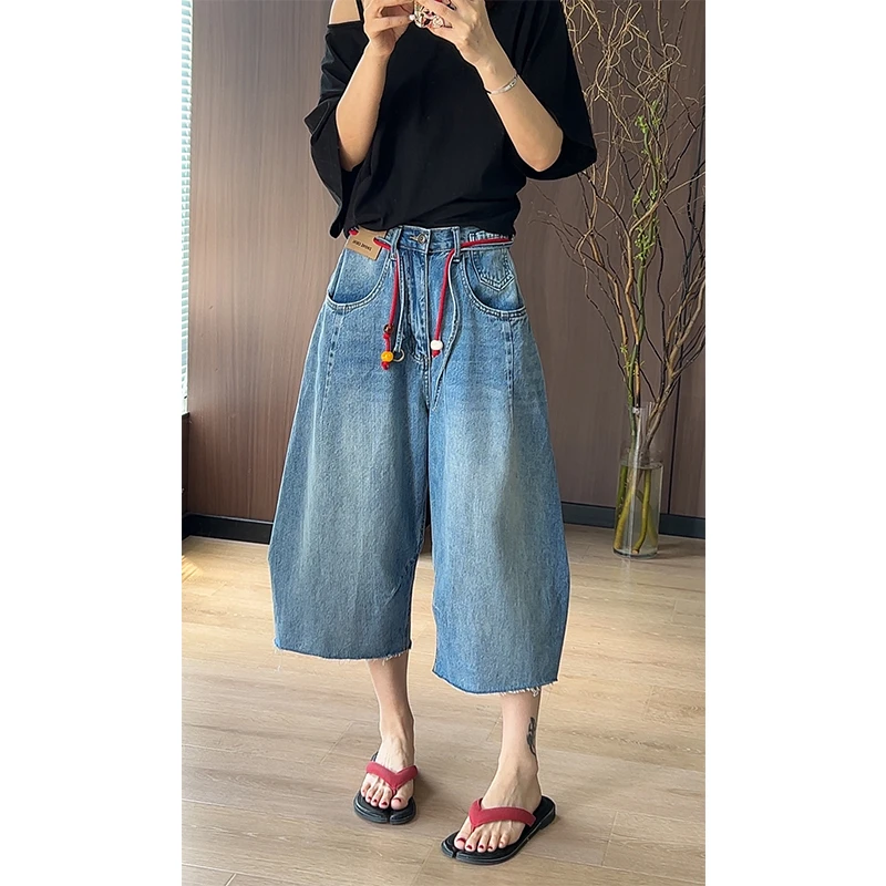 欧货高品质2025夏季新款弯刀七分牛仔裤女高腰显瘦百搭休闲阔腿裤