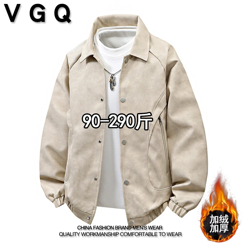 VGQ胖男生翻领美式皮衣夹克冬季加肥加大潮流百搭加绒加厚上衣服