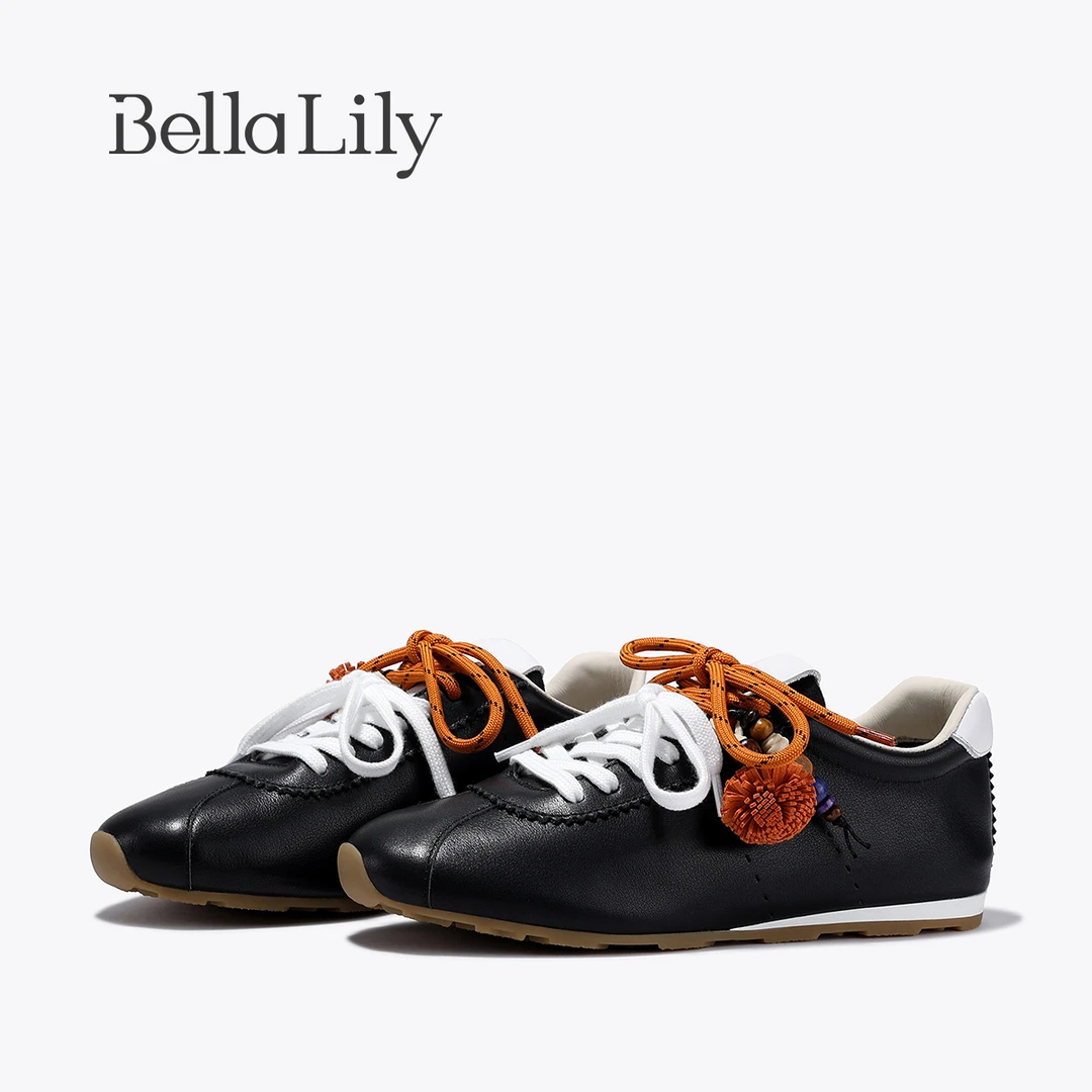 BellaLily2025秋季新款潮流牛皮阿甘鞋女双鞋带挂件德训鞋软底鞋
