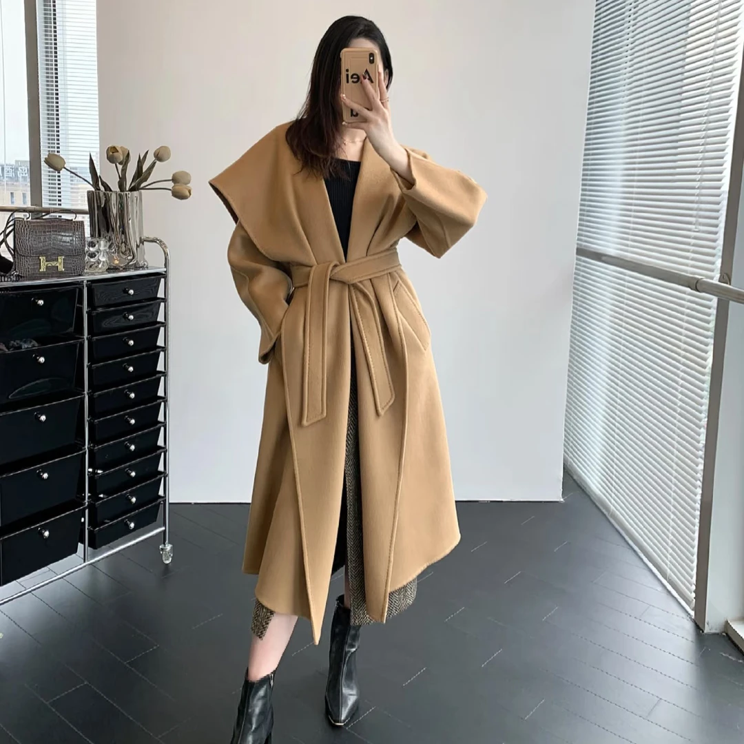 大翻领双面呢子大衣女中长款2025秋冬季新款高级感小个子毛呢外套