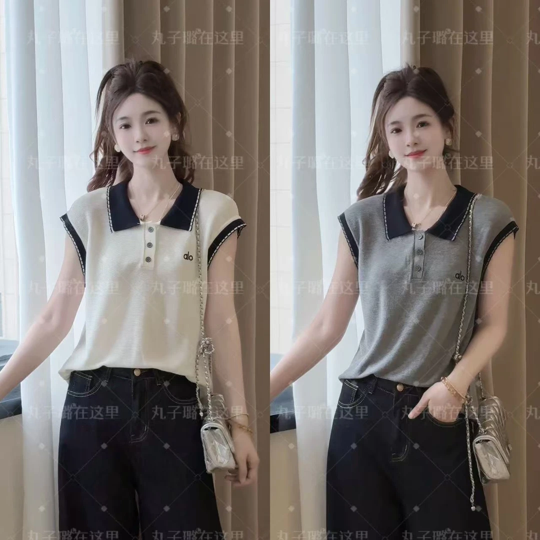 【百搭撞色】LULU夏季新款时尚休闲Polo领撞色刺绣针织衫通勤上衣