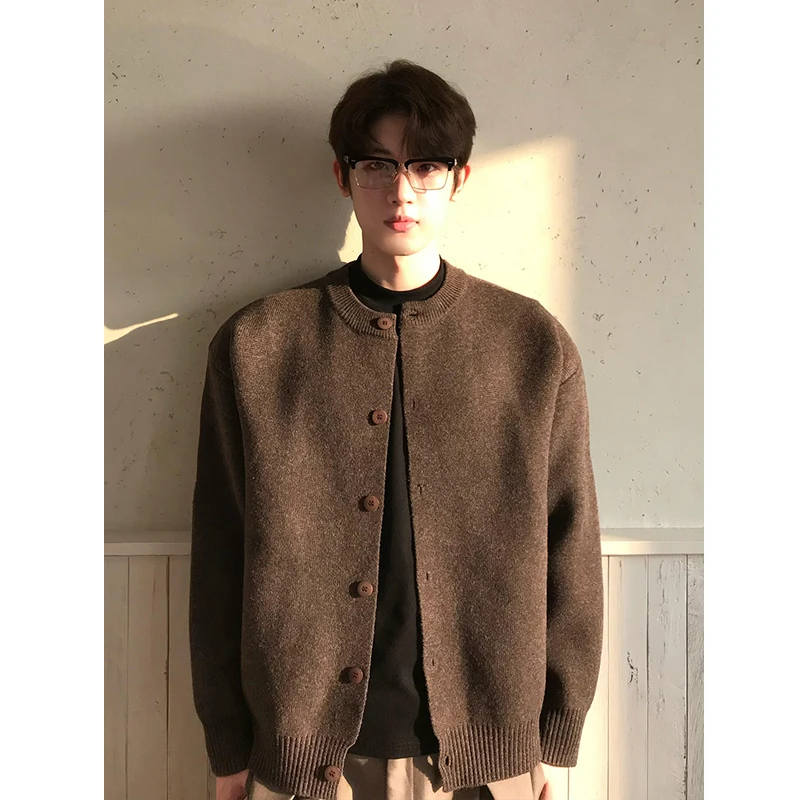 咖啡色老钱风开衫毛衣男款秋季痞帅高级感针织衫cleanfit衬衫外套