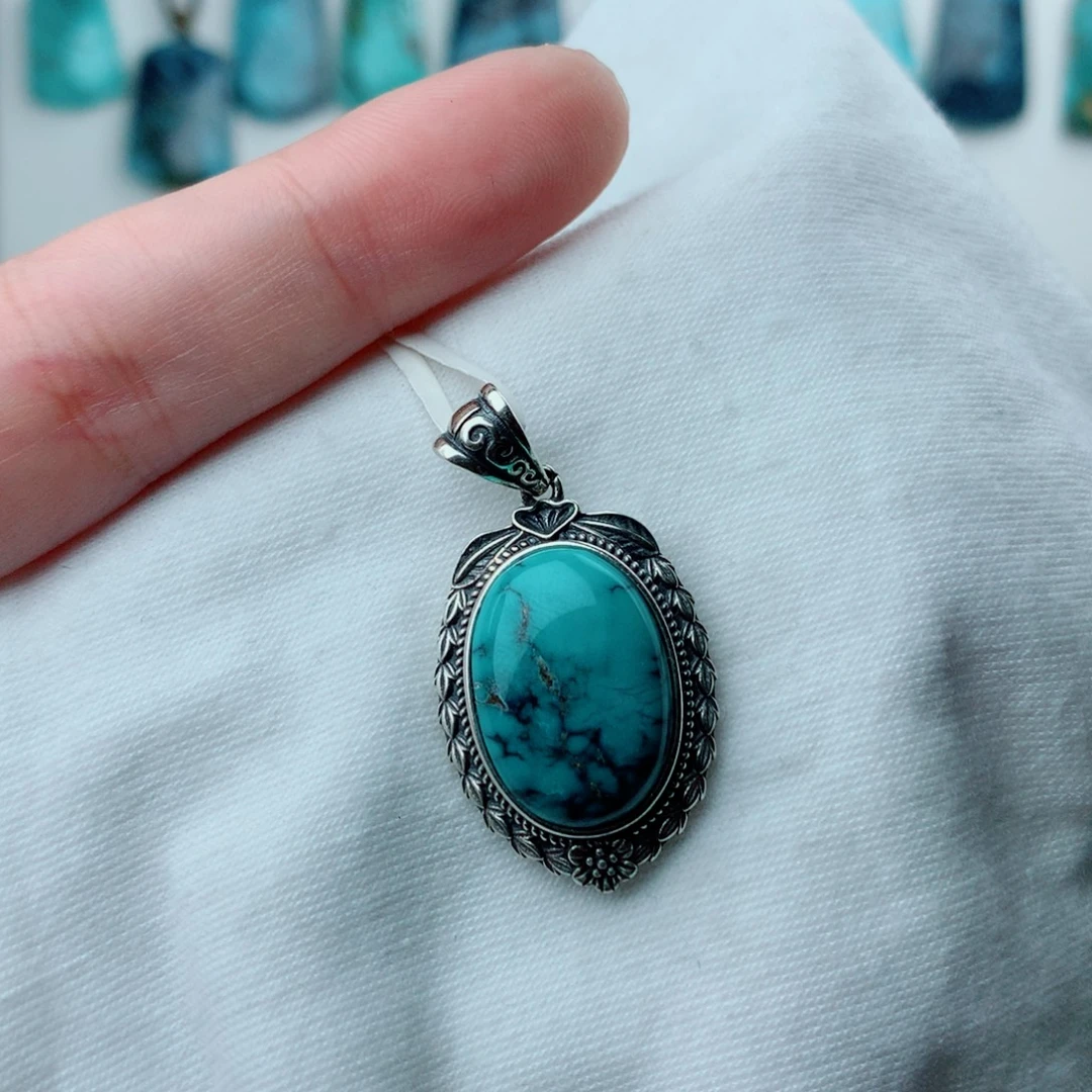 绿松石银S925镶嵌吊坠(不含链)