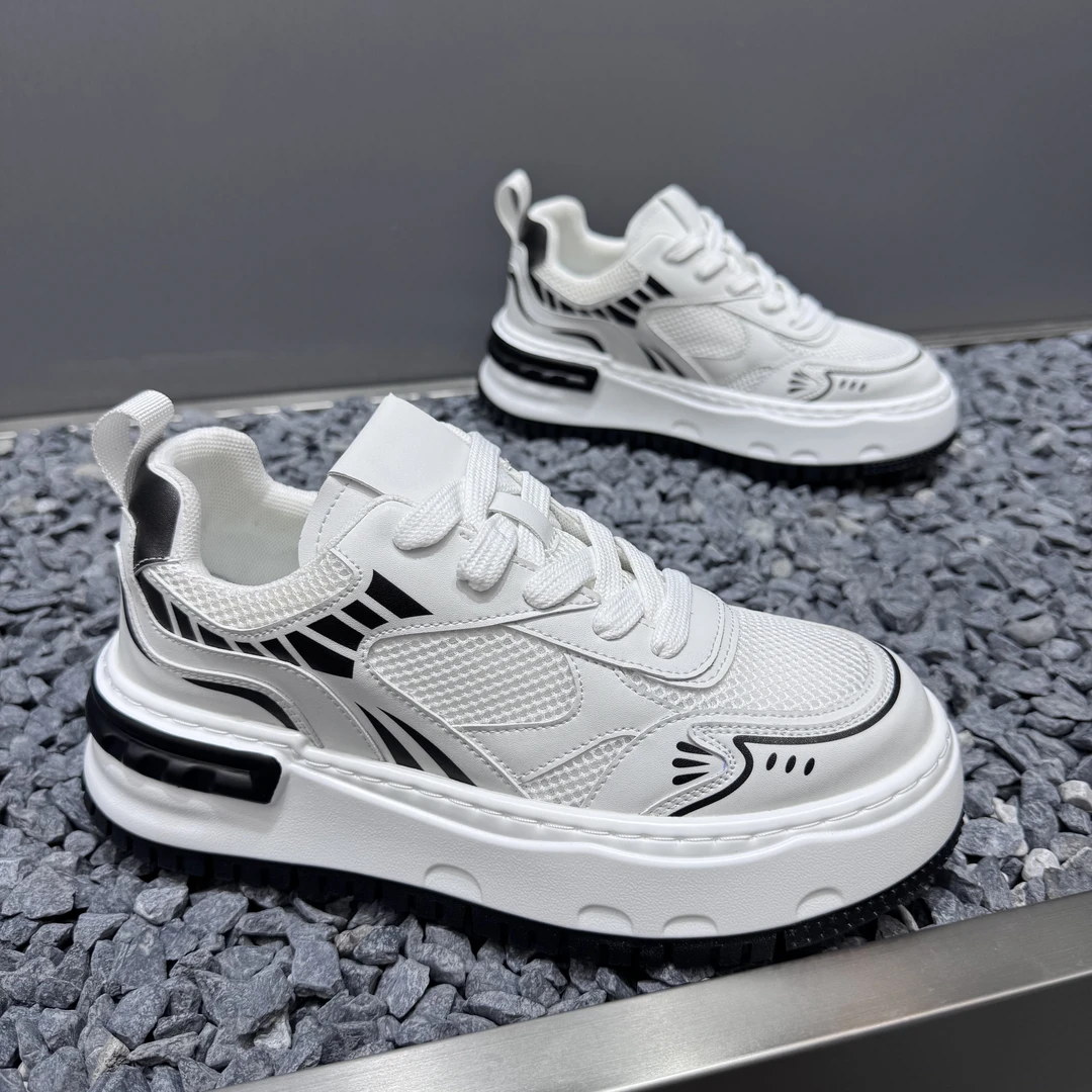 2025新款透气男鞋时尚百搭潮流拼色板鞋厚底简约网面休闲小白鞋男