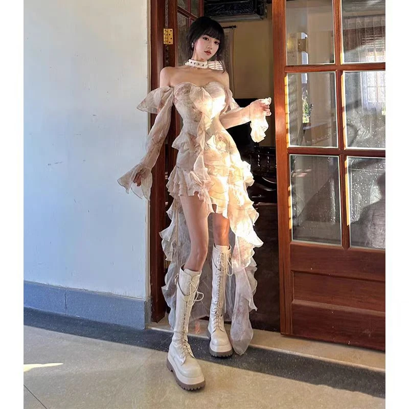 大码法式气质精致一字肩连衣裙漂亮荷叶边绝美小裙子10909