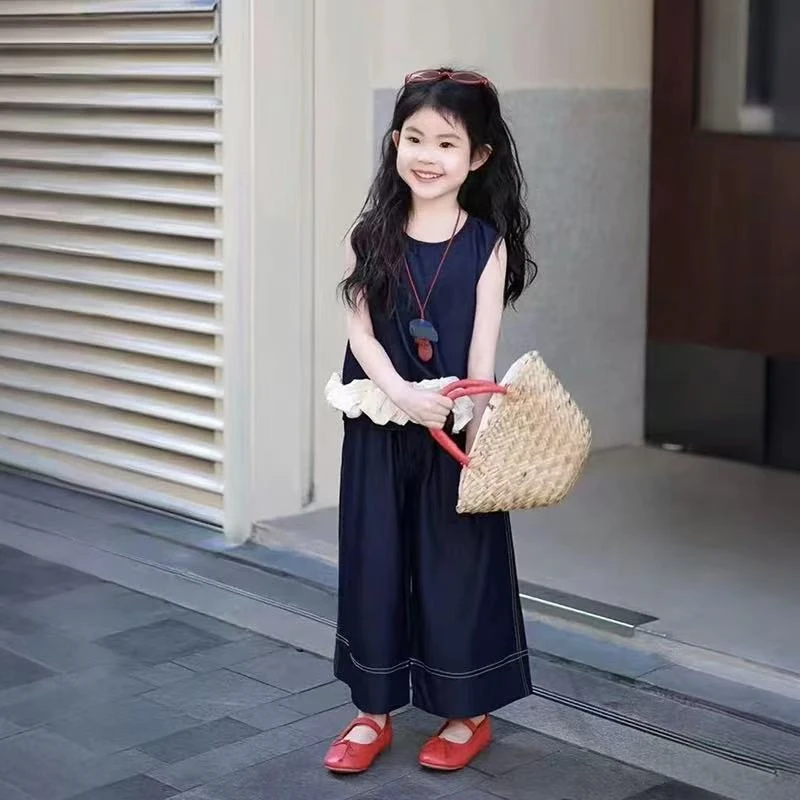 【陈思晨】女童夏套装2025夏新款儿童无袖花边牛仔马甲阔腿裤两件套