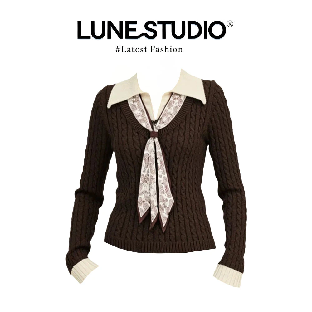 复古深棕绞花撞色针织衫丝巾领结翻领设计秋冬学院风显瘦小众毛衣