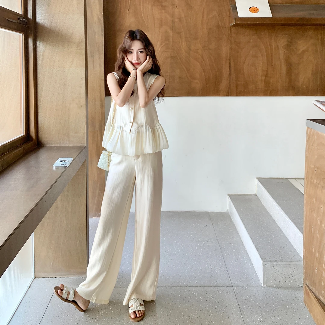 法式小香风气质无袖背心套装女2025夏季显高显瘦直筒阔腿裤两件套