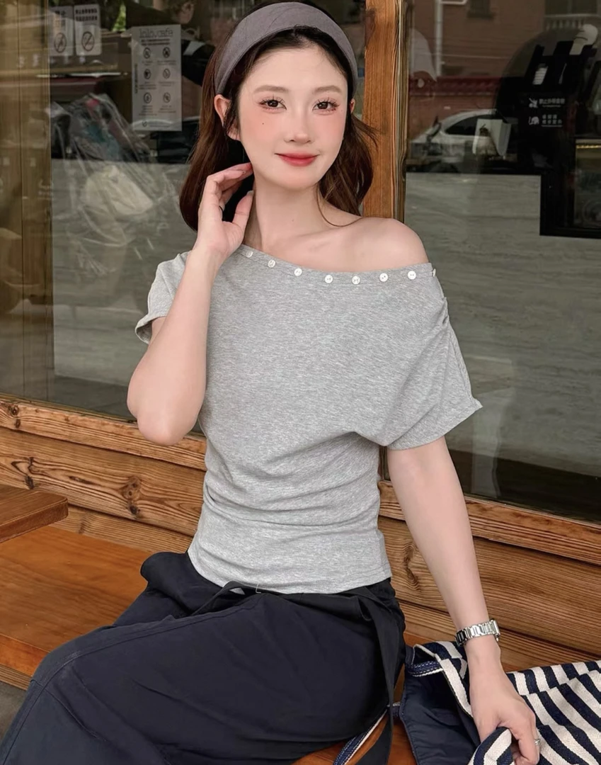 韩系绝美设计感斜肩短袖t恤女夏季纯欲显瘦收腰超好看上衣5228