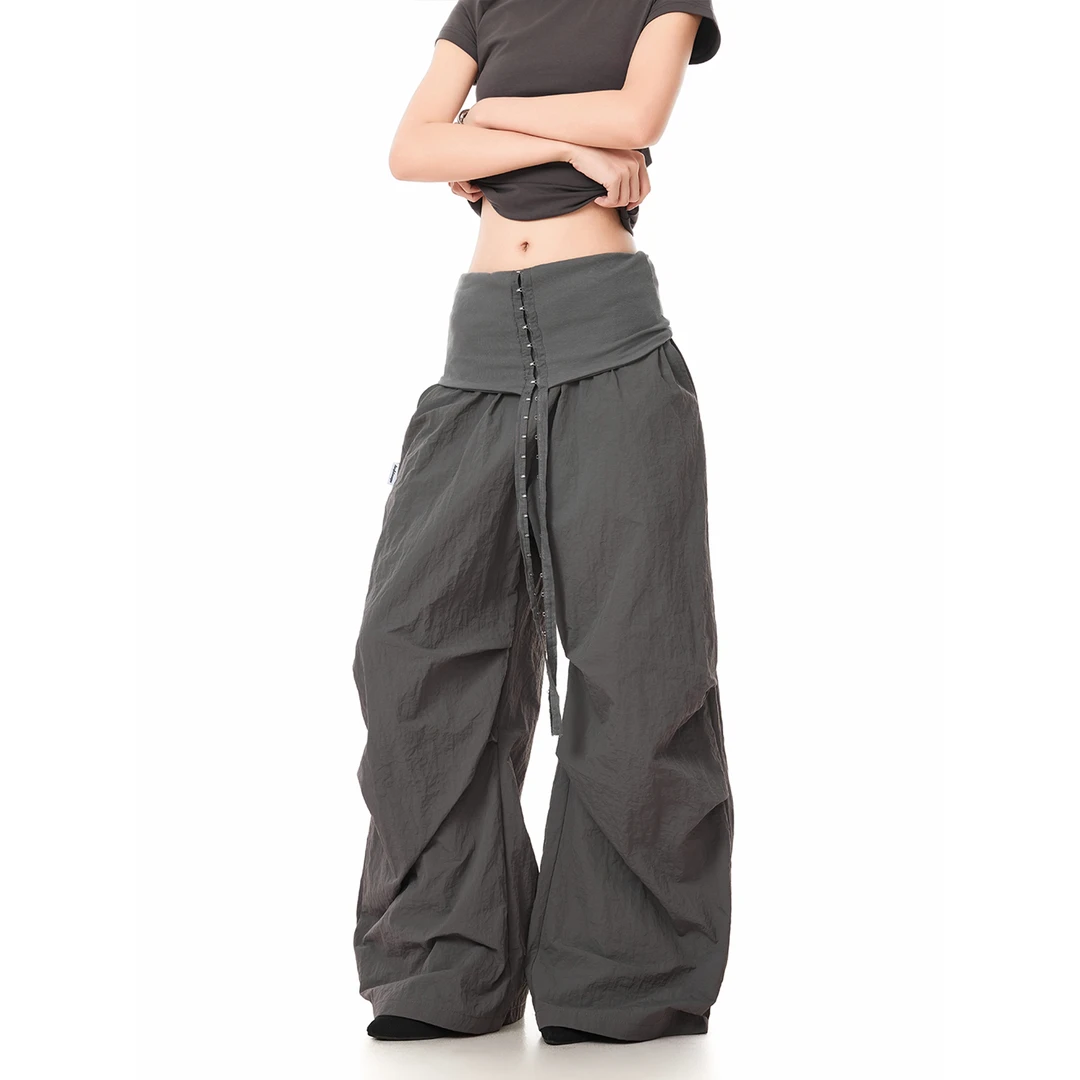 美式复古两穿褶皱设计伞兵裤后腰烫钻字母宽松休闲垂感百搭长裤潮