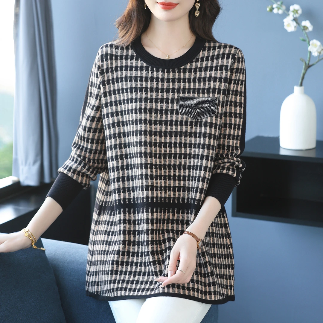 大码女装中长款毛衣中年妈妈装宽松针织衫加肥洋气格子羊毛打底衫