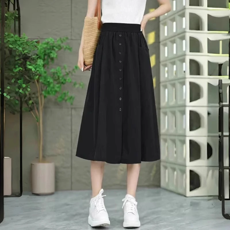 拉夏贝尔休闲半身裙女2025新款夏季薄款高腰大码中长款a字直筒裙