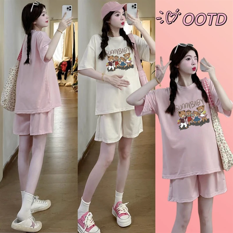 孕妇装夏季短袖套装薄款外穿宽松T恤上衣裤子休闲两件孕妇装夏装