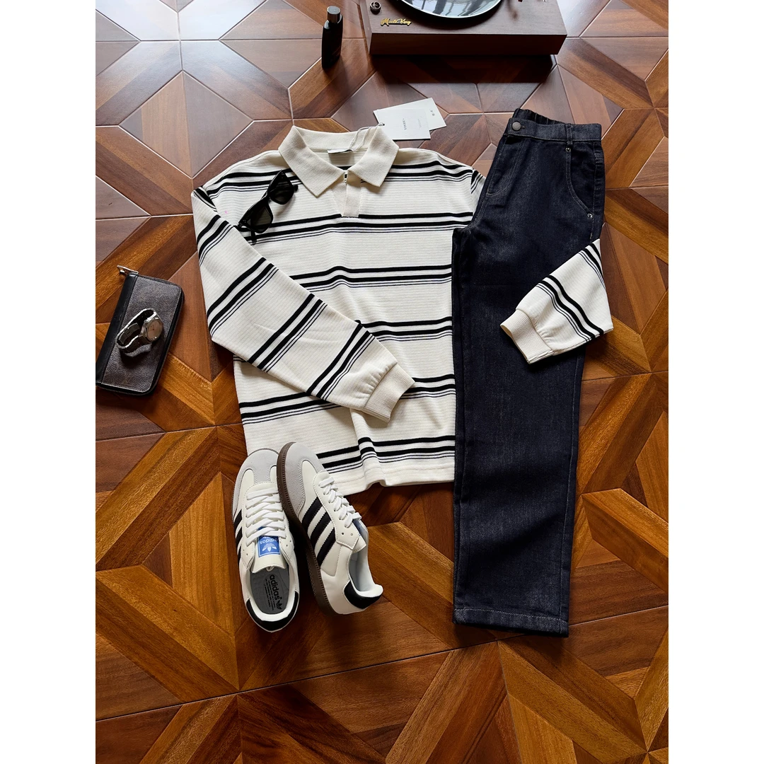 VINCENT秋冬肌理感复古条纹翻领针织衫男士微宽松时尚POLO衫长袖