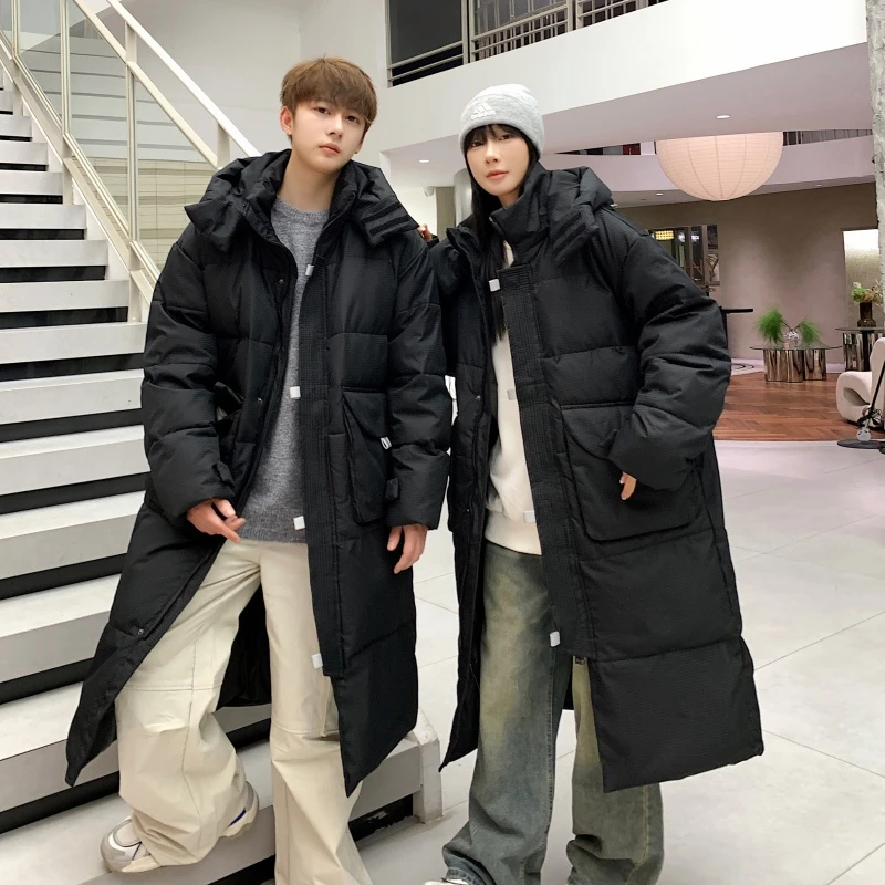 稻草人冬季男士外套棉服羽绒服中长款情侣防寒白鸭绒加厚连帽过膝