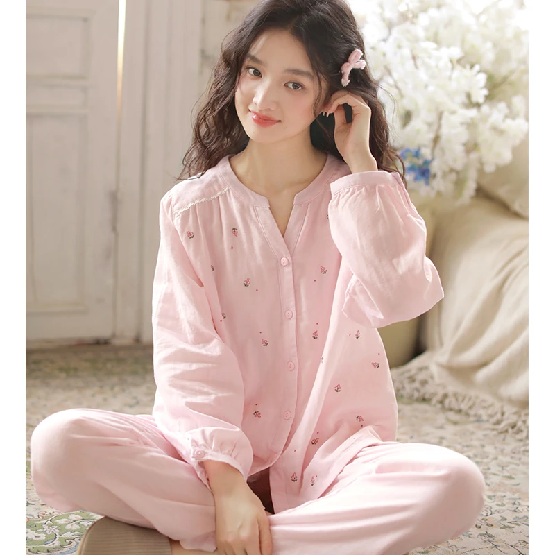 春秋睡衣高级感刺绣长袖女士套装纯棉纱布甜美少女可外穿家居服