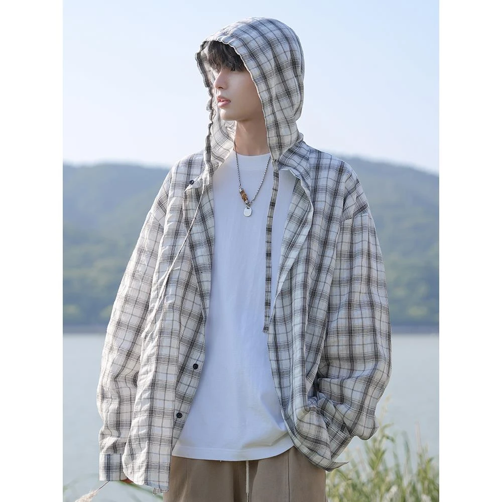 范哲萨冰丝长袖衬衫男夏季轻薄透气休闲防晒衣美式潮牌格子宽松连