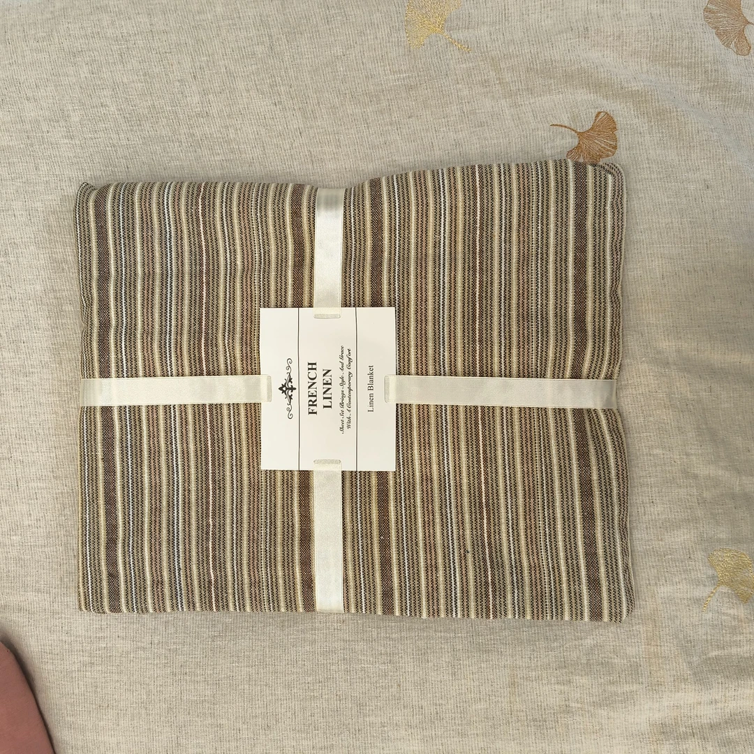 140*190——色渍彩线棉麻流苏盖毯（黄色条纹）