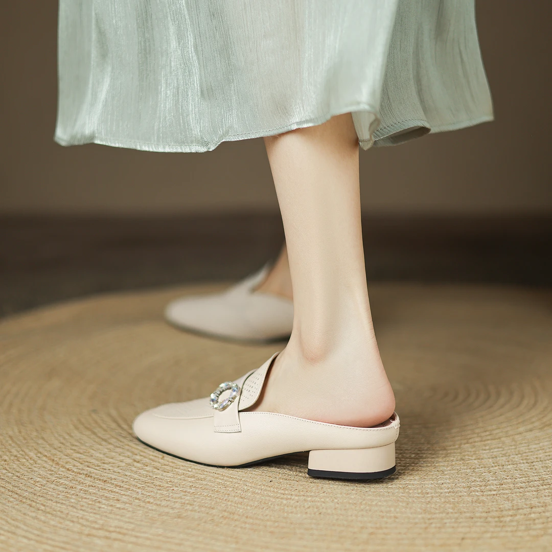 【小风扇洞洞鞋2cm】2025夏季低跟头层牛皮半拖女款包头半拖鞋女鞋