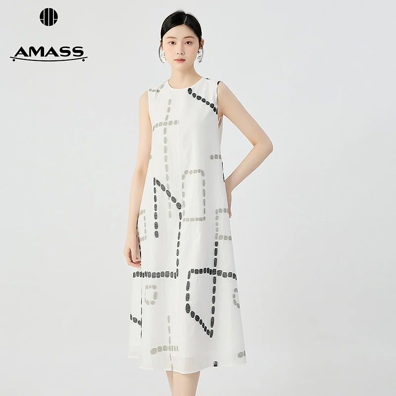 阿玛施AMASS摩登时髦长款无袖宽松宽腰袢造型洋装连衣裙女550005