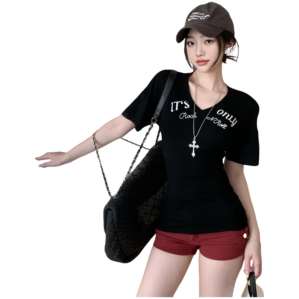 纯欲慵懒风女装字母印花短袖T恤时尚短款上衣修身小众洋气衣服女