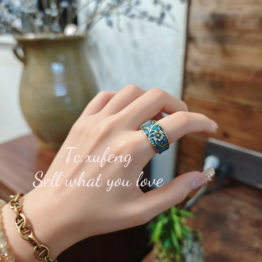 纯铜锆石戒指 国风不掉色戒指轻奢向日葵珐琅彩锡古铜意境戒指