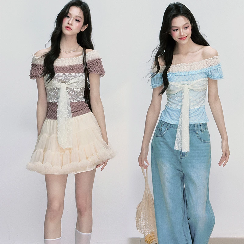 Fragile Heart易碎商店·绀间诗络 一字肩绑带网纱蕾丝短袖上衣