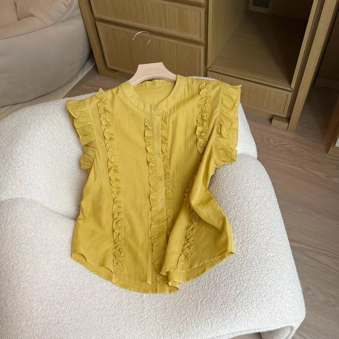 【豆子推荐】8275 夏季宽松木耳边单排扣减龄小衫韩版时尚透气上衣