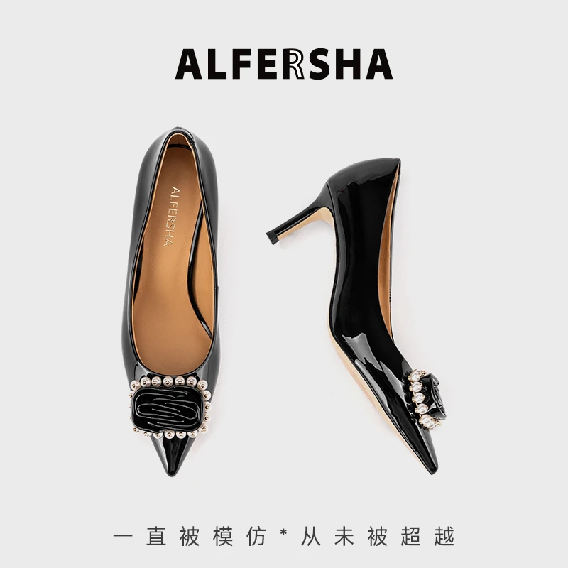 2025春款阿芙莎广系9236131春季新款珍珠玫瑰方扣尖头高细跟单鞋B